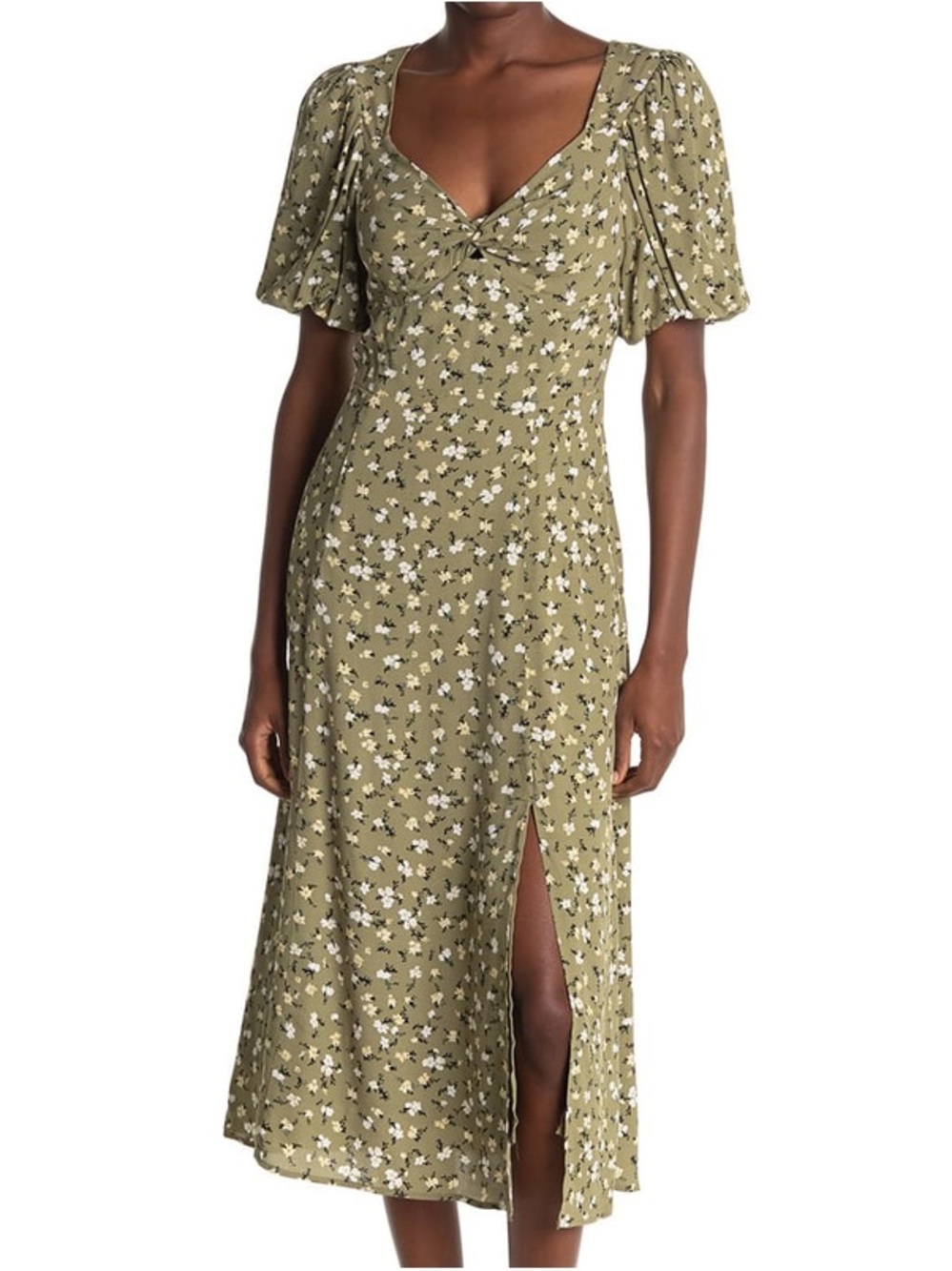Astr Olive Floral Midi Dress with Sweetheart Neckline